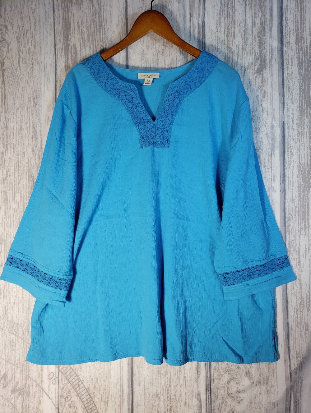 Appleseed's crochet-trim crinkle cotton tunic top  Turquoise Boho Blouse 2X
